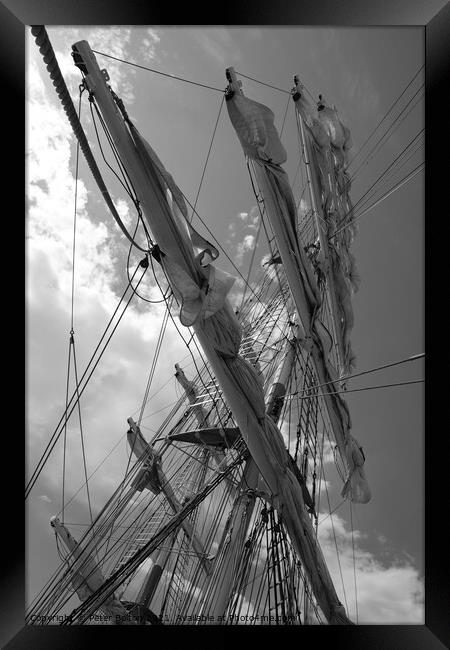 Mercedes sailing ship. Abstract view of her masts and furled sails in black and white Framed Print by Peter Bolton