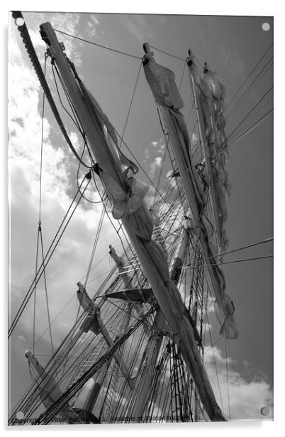 Mercedes sailing ship. Abstract view of her masts and furled sails in black and white Acrylic by Peter Bolton