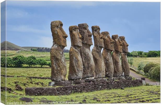 Moai Statues at Ahu Akivi on Easter Island Canvas Print by Tracey Turner