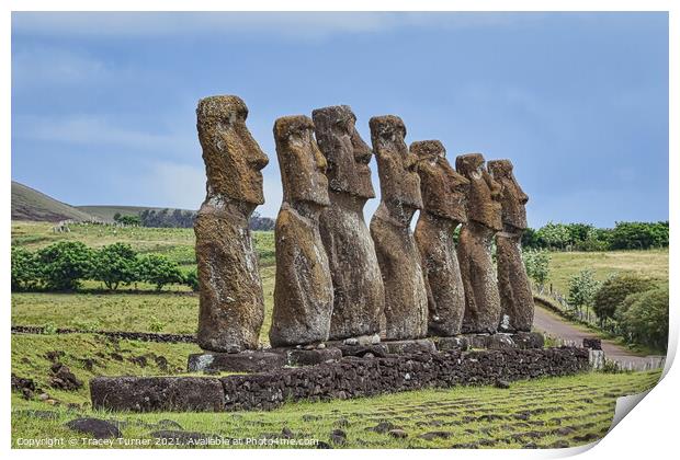 Moai Statues at Ahu Akivi on Easter Island Print by Tracey Turner