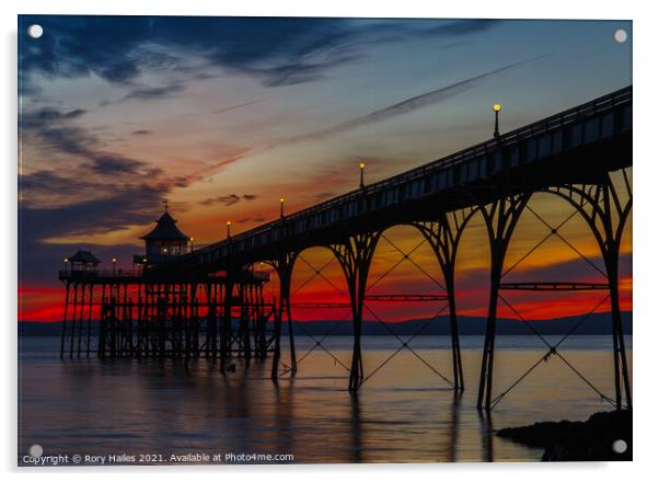 Clevedon Pier At Sunset Acrylic by Rory Hailes
