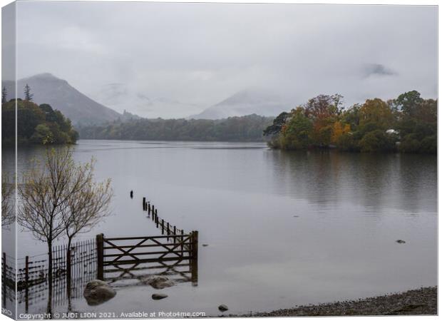 Misty day at Derwent Water Canvas Print by JUDI LION