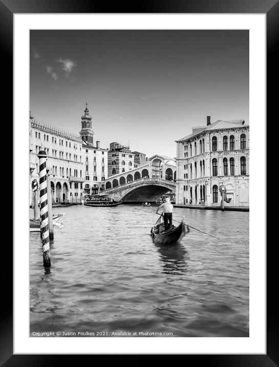 Gondolier at the Rialto bridge, Grand Canal, Venic Framed Mounted Print by Justin Foulkes