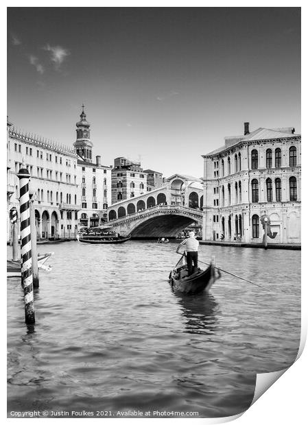 Gondolier at the Rialto bridge, Grand Canal, Venic Print by Justin Foulkes