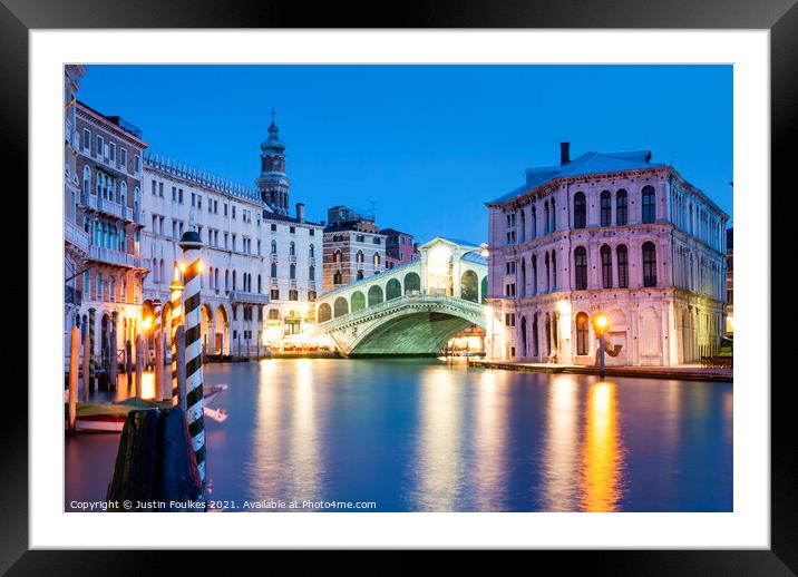 The Rialto bridge at night, Venice, Italy Framed Mounted Print by Justin Foulkes