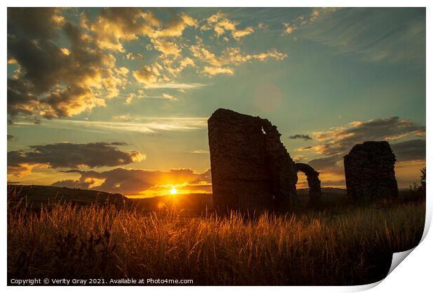 Sunset at Clun Castle Print by Verity Gray