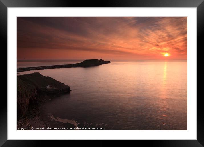 Worms Head at sunset, Rhossili, Gower, South Wales Framed Mounted Print by Geraint Tellem ARPS