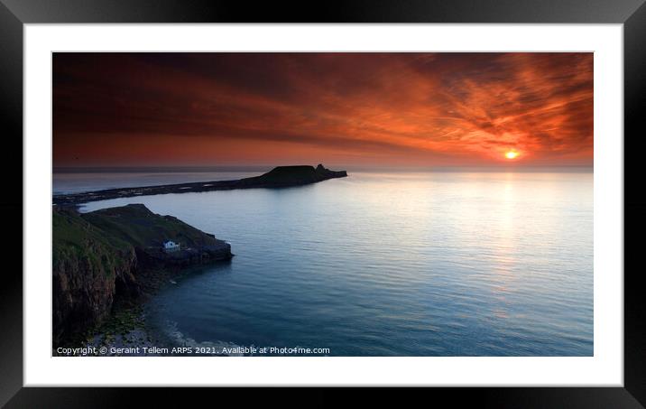 Worms Head at sunset, Rhossili, Gower, South Wales Framed Mounted Print by Geraint Tellem ARPS