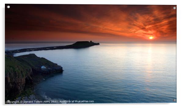 Worms Head at sunset, Rhossili, Gower, South Wales Acrylic by Geraint Tellem ARPS