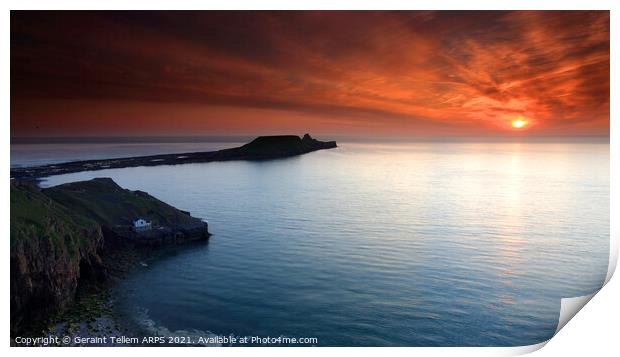 Worms Head at sunset, Rhossili, Gower, South Wales Print by Geraint Tellem ARPS