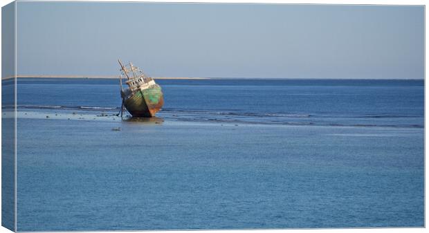Shipwreck stranded in sea with beach Canvas Print by mark humpage
