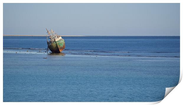 Shipwreck stranded in sea with beach Print by mark humpage