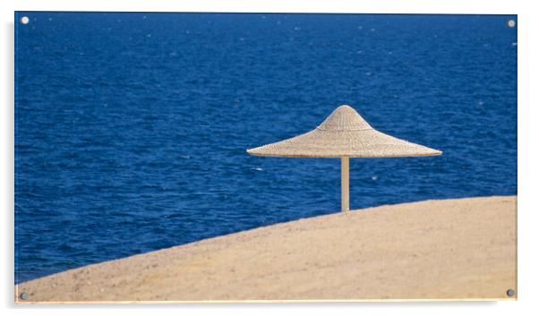 Beach sand sea and parasol Egypt Acrylic by mark humpage