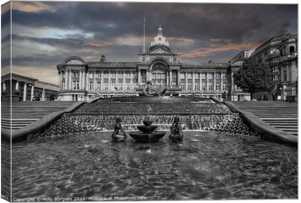 Birmingham Town hall, created in Black and white giving the sky colour  Canvas Print by Holly Burgess