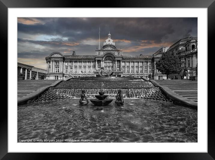 Birmingham Town hall, created in Black and white giving the sky colour  Framed Mounted Print by Holly Burgess