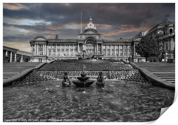 Birmingham Town hall, created in Black and white giving the sky colour  Print by Holly Burgess