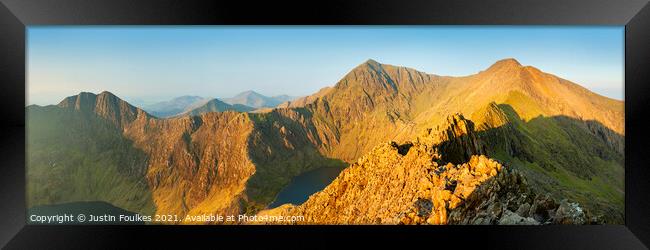 Panoramic view of the 'Snowdon Horseshoe', Wales Framed Print by Justin Foulkes