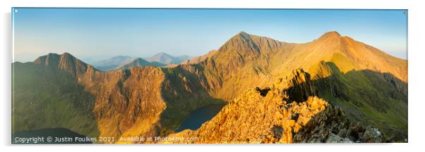 Panoramic view of the 'Snowdon Horseshoe', Wales Acrylic by Justin Foulkes