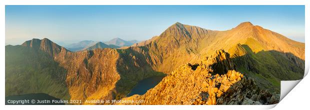 Panoramic view of the 'Snowdon Horseshoe', Wales Print by Justin Foulkes