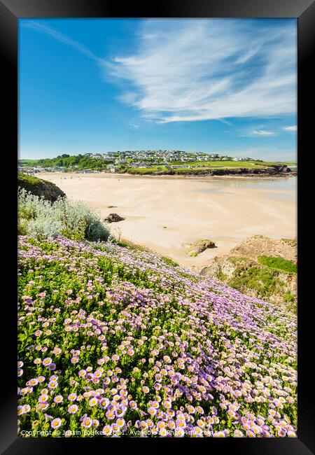 Wildflowers above Polzeath beach, Cornwall Framed Print by Justin Foulkes