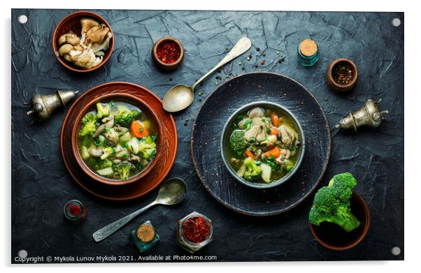 Soup with broccoli and mushrooms Acrylic by Mykola Lunov Mykola