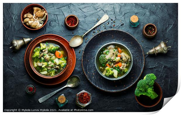 Soup with broccoli and mushrooms Print by Mykola Lunov Mykola