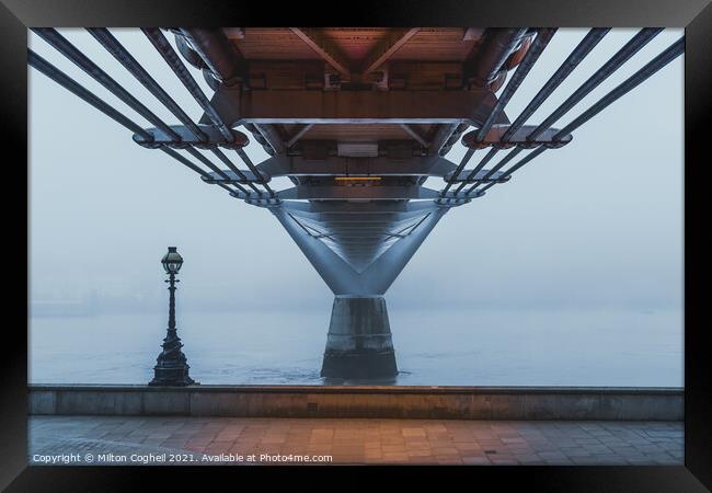 London Millennium Bridge in the fog Framed Print by Milton Cogheil