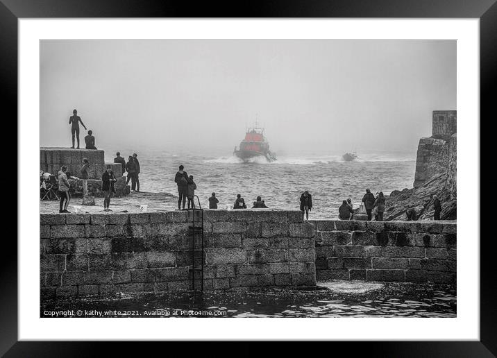 lifeboat Porthleven Cornwall, colour pop Framed Mounted Print by kathy white