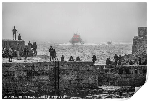 lifeboat Porthleven Cornwall, colour pop Print by kathy white