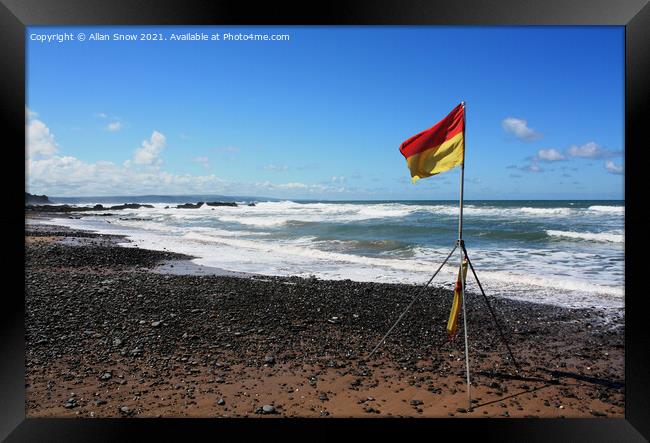 Lifeguard Flag on Sandymouth Beach, Bude, Cornwall Framed Print by Allan Snow