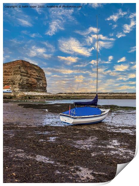 Yacht in Staithes Harbour Print by keith sayer