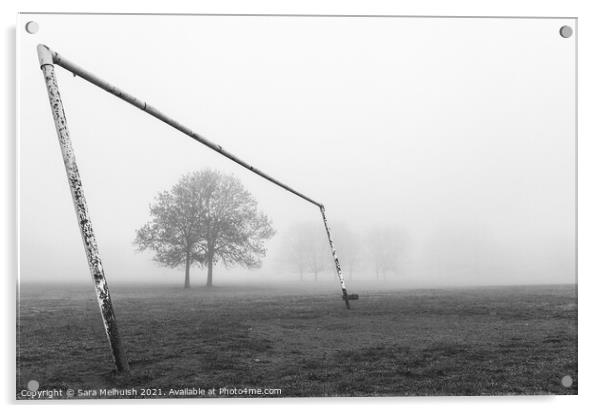 Goal posts and tree in a foggy London park Acrylic by Sara Melhuish