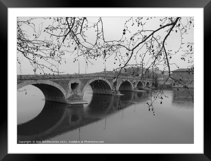 Black and white, Pont-Neuf bridge over the Garonne river in Toulouse  Framed Mounted Print by Ann Biddlecombe
