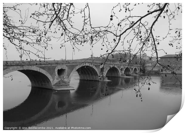 Black and white, Pont-Neuf bridge over the Garonne river in Toulouse  Print by Ann Biddlecombe