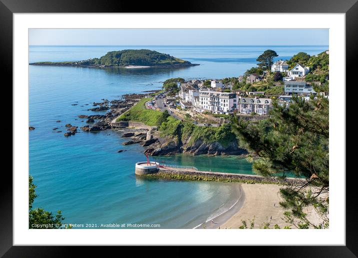 Looe, Looe Island and the Banjo Pier on a sunny morning Framed Mounted Print by Jim Peters