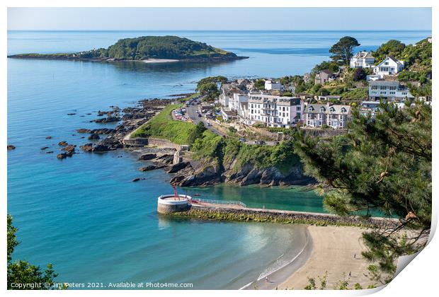 Looe, Looe Island and the Banjo Pier on a sunny morning Print by Jim Peters