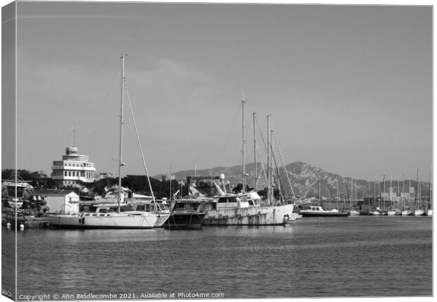 black and white old boats in need of Love Canvas Print by Ann Biddlecombe