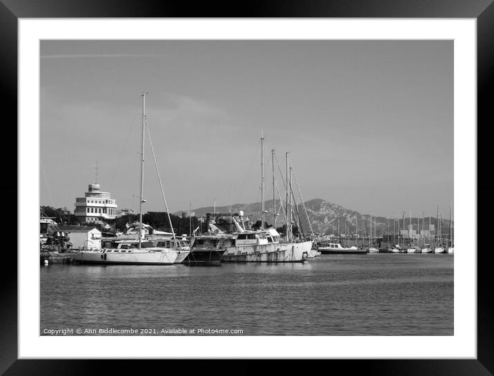black and white old boats in need of Love Framed Mounted Print by Ann Biddlecombe