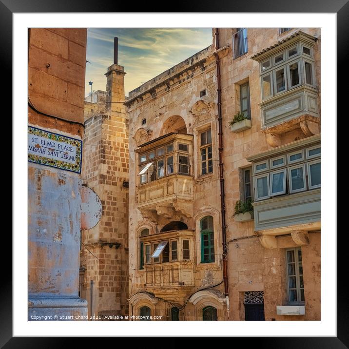 Maltese street and balcony Framed Mounted Print by Stuart Chard