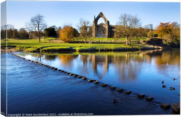 Stepping Stones across the River Wharfe to Bolton Priory Canvas Print by Mark Sunderland