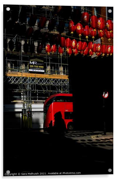 Red bus and lanterns Acrylic by Sara Melhuish