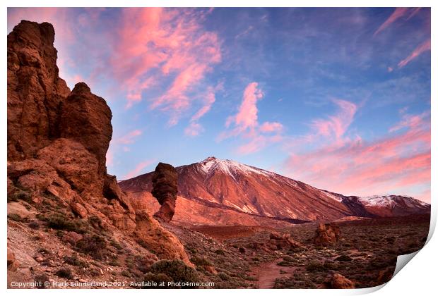 Pink Clouds at Dawn over Mount Teide Print by Mark Sunderland