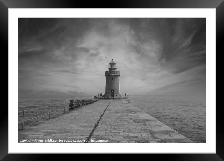 Guernsey Lighthouse in black and white Framed Mounted Print by Ann Biddlecombe