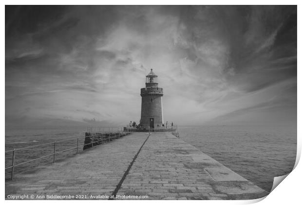 Guernsey Lighthouse in black and white Print by Ann Biddlecombe