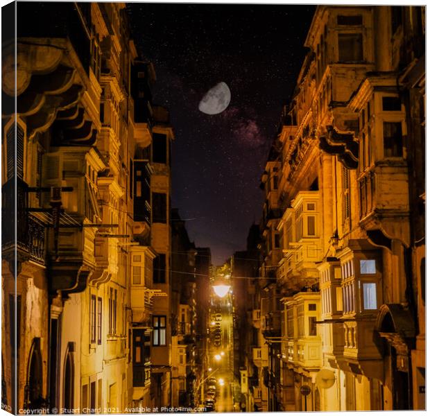 Valletta street at night by moonlight Canvas Print by Stuart Chard