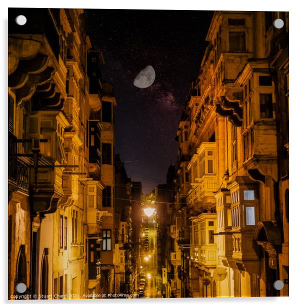 Valletta street at night by moonlight Acrylic by Stuart Chard