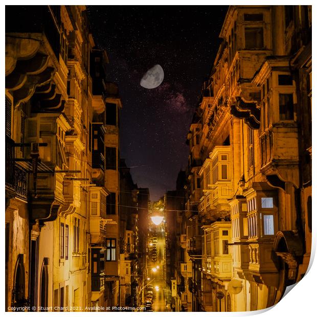 Valletta street at night by moonlight Print by Stuart Chard