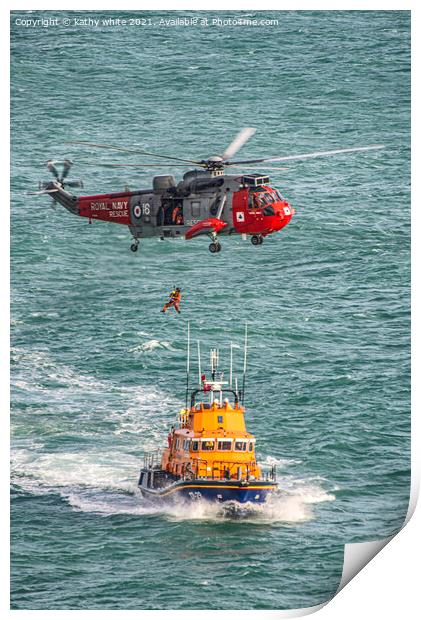  Lizard Lifeboat with the rescue helicopter Print by kathy white