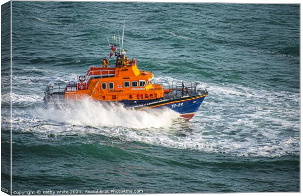 Lifeboat , Lifeboat stormy sea Cornwall,RNLI, Canvas Print by kathy white