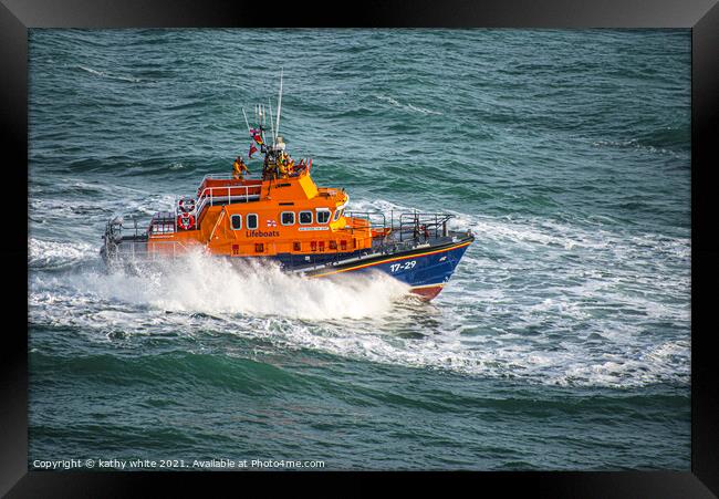 Lifeboat , Lifeboat stormy sea Cornwall,RNLI, Framed Print by kathy white